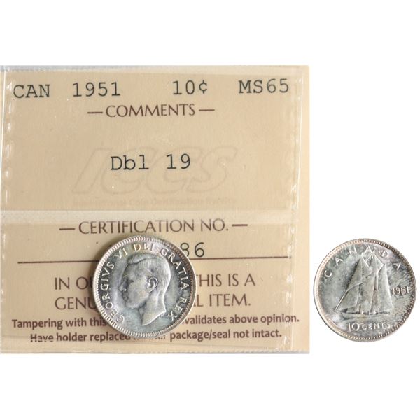 1951 10¢ "Dbl 19" ICCS Gem Mint State-65, Fully lusbrilliant and lustrous.
