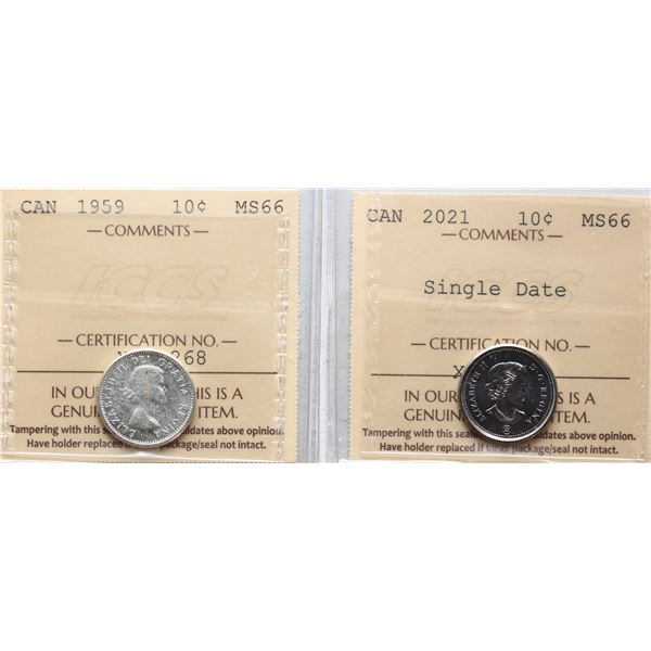 1959 10¢, 2021 "Single date", Both coins ICCS Superb Gem Mint State-66