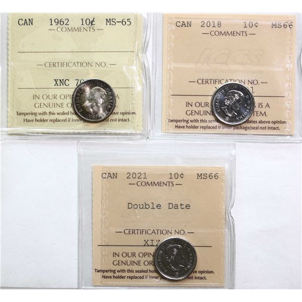 1962 10¢ Gem Mint State-65, 2018 & 2021 "DBL DATE" Both Superb Gem Mint State-66, Lot of 3 ICCS coin