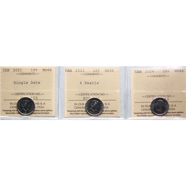 2021 10¢ "Single date", 2023 "4 Pearls", 2024, all 3 coins ICCS Superb Gem Mint State-66