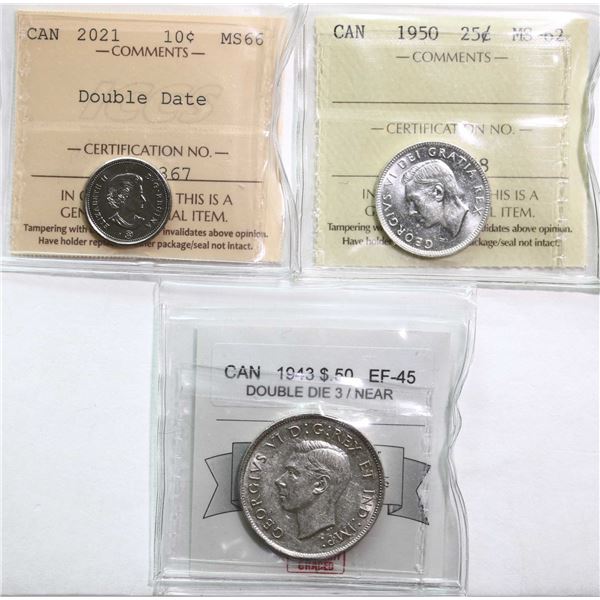 Decimal Lot; 2021 10¢ "Dbl Date", 1950 25¢, 1943 50¢ "Dbl Die 3/Near" Choice Extra Fine-45 to Superb