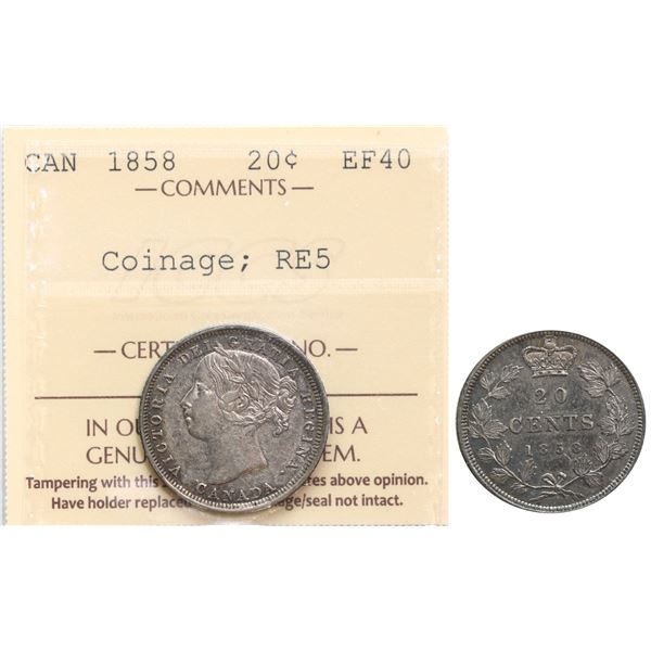 1858 20¢ "Coinage; RE-ENG/5 ICCS Extra Fine-40.  Lightly toned with underlying lustre.