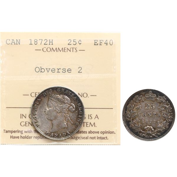 1872H 25¢ "Obv.2" ICCS Extra Fine-40, lightly toned.