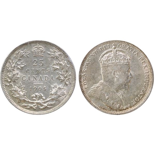 1905 25¢ ICCS Choice About Uncirculated-55. Attractive yellow tints.