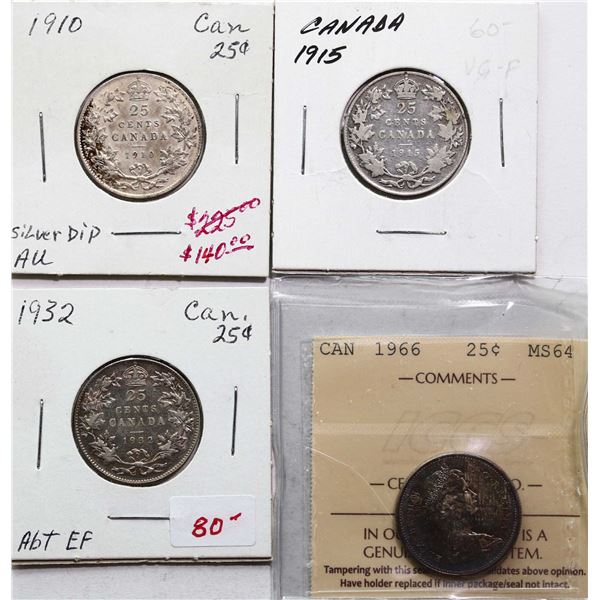 1910 25¢, 1915, 1932, 1966, All 4 coins VG to Very Choice Mint State-64.
