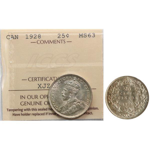 1928 25¢  ICCS Choice Mint State-63 Fully brilliant and lustrous with delicate golden tone.