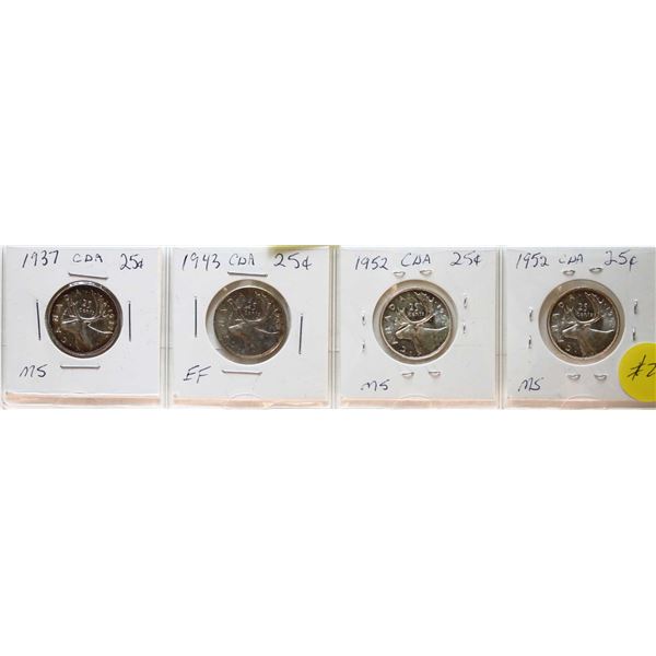 1937-1952 25¢, EF to Choice Uncirculated.  Lot of 4 coins.