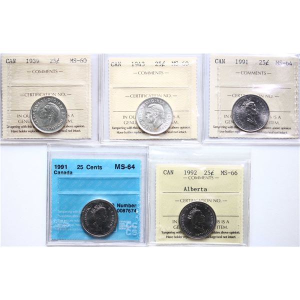 1939 25¢, 1943, 1991 (2), 1992 "Alberta" All 5 coins ICCS/CCCS Mint State-60 to Superb Gem Mint Stat