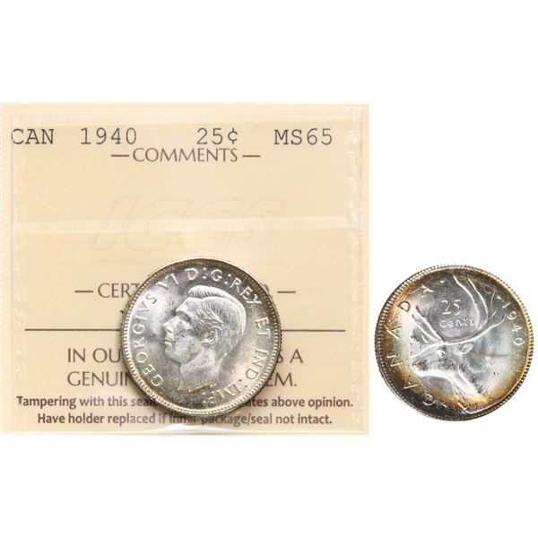 1940 25¢ ICCS Gem Mint State-65, Attractive gold toning around the rims.