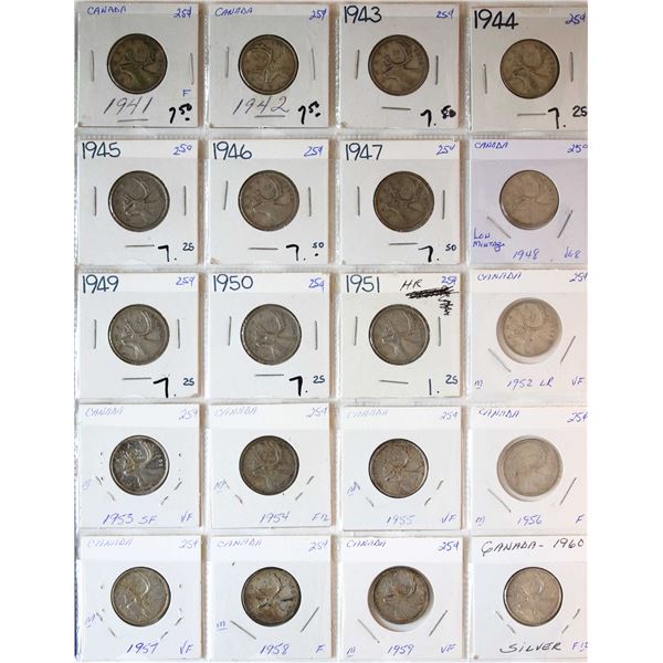 Date set; 1941-1960 25¢, VG to VF.
