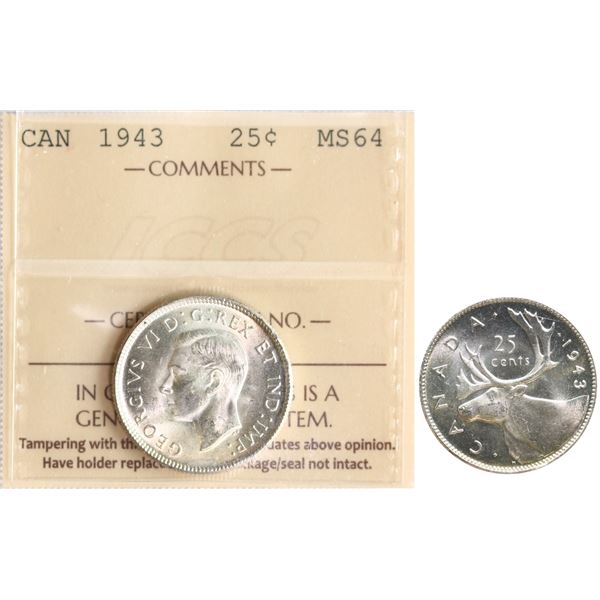 1943 25¢ ICCS Very Choice Mint State-64.  Lustrous white example.