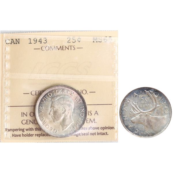 1943 25¢ ICCS Gem Mint State-65.  Gem example displaying soft silvers, golds and pink tints.
