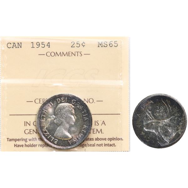 1954 25¢ ICCS Gem Mint State-65.  Attractively toned gem example.