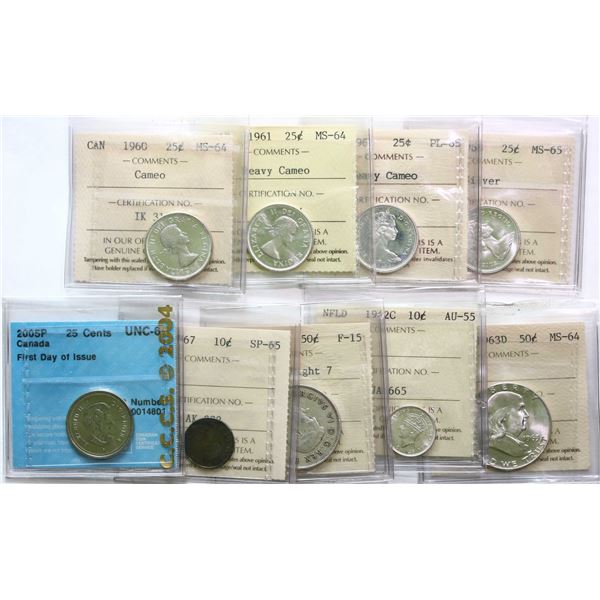 1960 25¢ Very Choice Mint State-64 Cameo, 1961 Very Choice Mint State-64 Heavy Cameo, 1965 Gem Proof