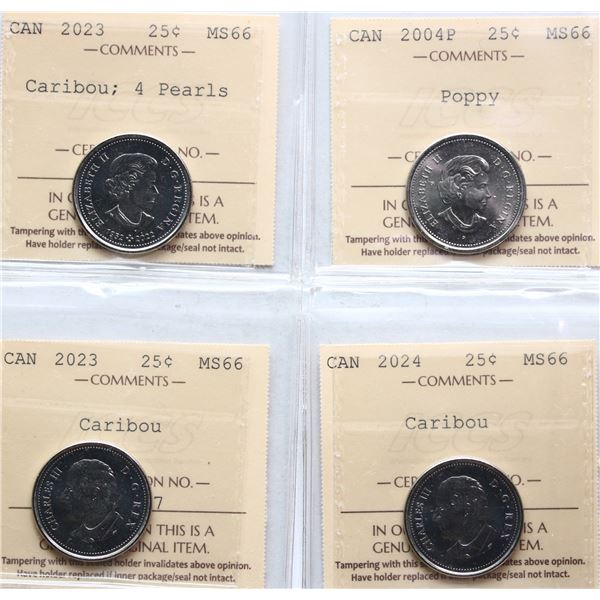2004-P "Poppy", 2023 25¢ caribou, 2023 4 pearls, 2024 caribou, All 4 coins ICCS Superb Gem Mint Stat