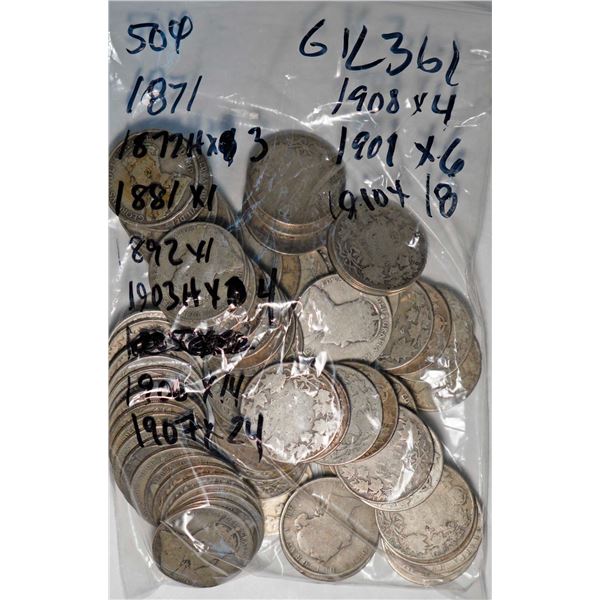 1871 50¢, 1872H X 3, 1881H, 1892, 1903H X 4, 1906 X 14, 1907 X 24, 1908 X 4, 1909 X 6, and 1910 X 18
