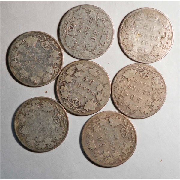 1872H 50¢, 1881H, 1888, 1892, 1899, 1900 and 1901, all Good or better, lot of 7 coins.