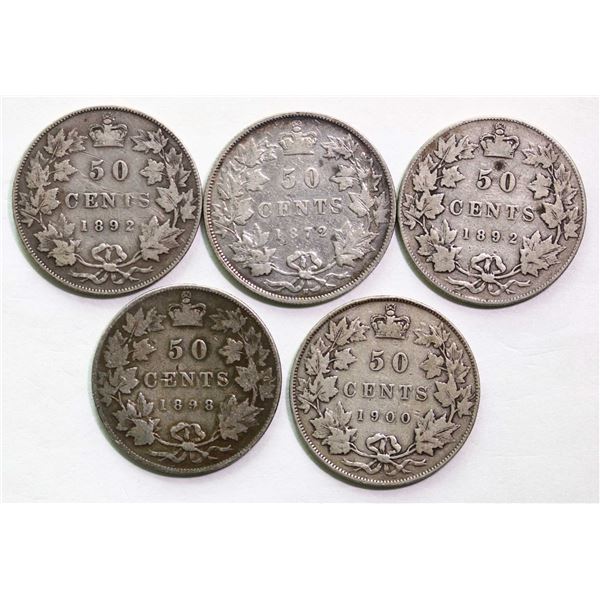 1872H 50¢, 1892 X 2, 1898, and 1900 all VG or better, lot of 5 coins.
