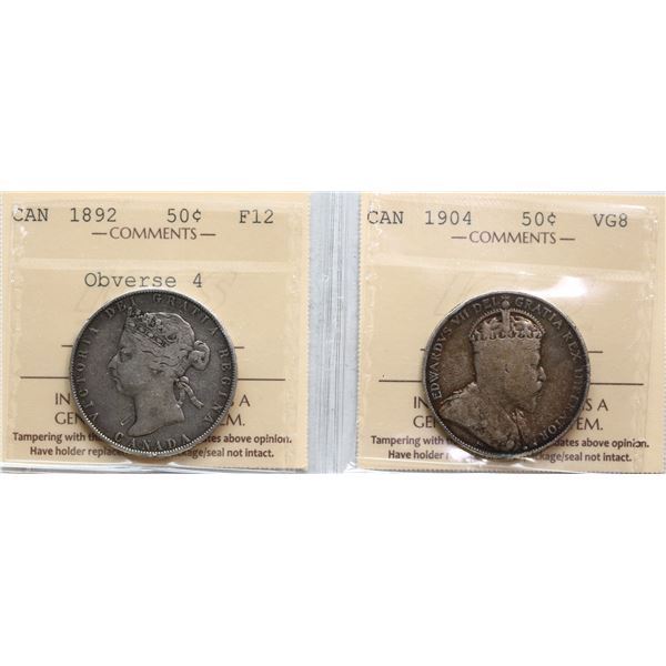 1892 50¢ "Obv.4" ICCS Fine-12 & 1904 50¢ ICCS Very Good-8.  Lot of 2 coins.