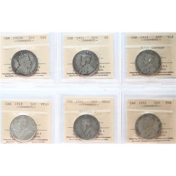 1903H 50¢, 1911, 1914 edge bump, 1919, 1920 "Narrow O", 1931, Lot of 6 ICCS coins Good-6 to Choice V
