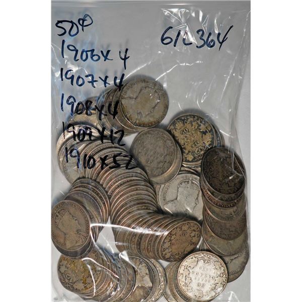 1906 50¢ X 4, 1907 X 4, 1908 X 4, 1909 X 12, and 1910 X 52, all VG or better, lot of 76 coins.