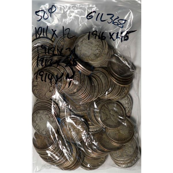 1911 50¢ X 12, 1912 X 31, 1913 X 28, 1914 X 4, and 1916 X 46, all VG or better, lot of 121 coins.