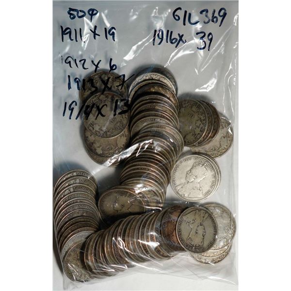 1911 50¢ X 19, 1912 X 6, 1913 X 7, 1914 X 13, and 1916 X 39, all Good or better, lot of 84 coins.