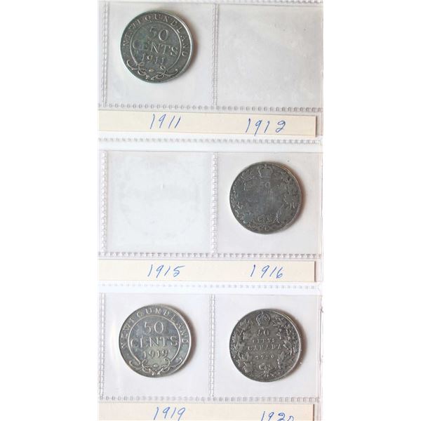 1911-1989 50¢,  includes some varieties,  a few duplicates, two USA half dollars and some Maritimes 