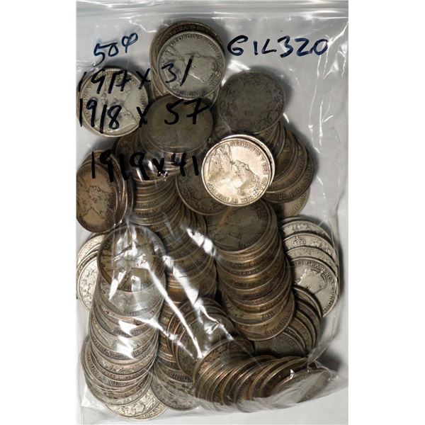 1917 50¢ X 31, 1918 X 57, and 1919 X 41, all cull to Good, lot of 67 coins.