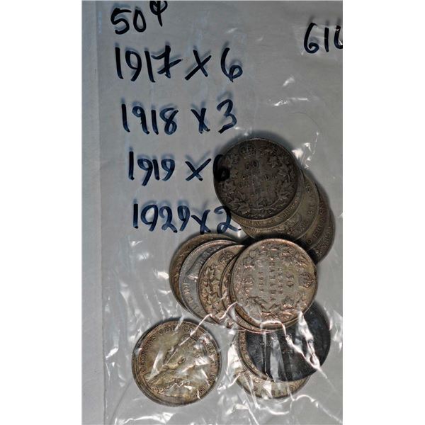 1917 50¢ X 6, 1918 X 3, 1919 X 6, and 1929 X 2, all VF or better, lot of 17 coins.
