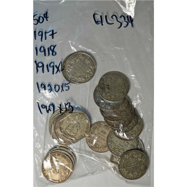 1917 50¢, 1918, 1919 X 2, 1920 X 5, and 1929 X 13, all Fine or better, lot of 22 coins.