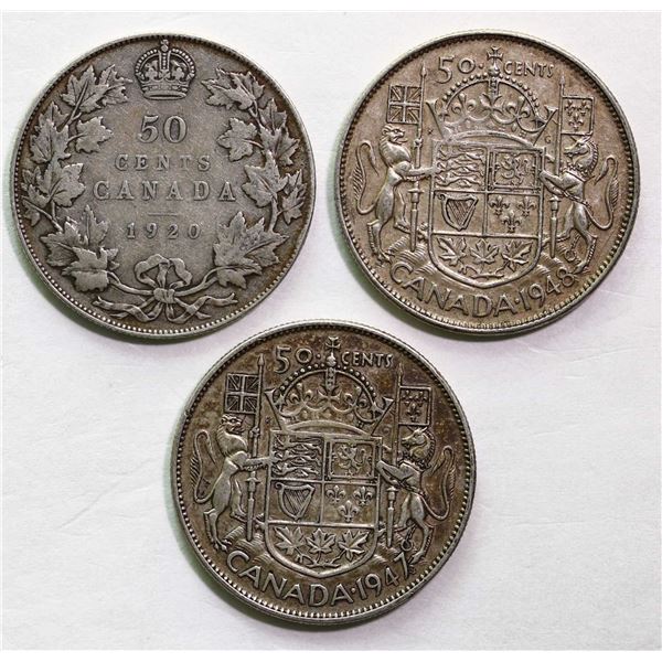 1920 50¢ Large 0, 1947 ML Lft, and 1948, all Fine or better, lot of 3 coins.