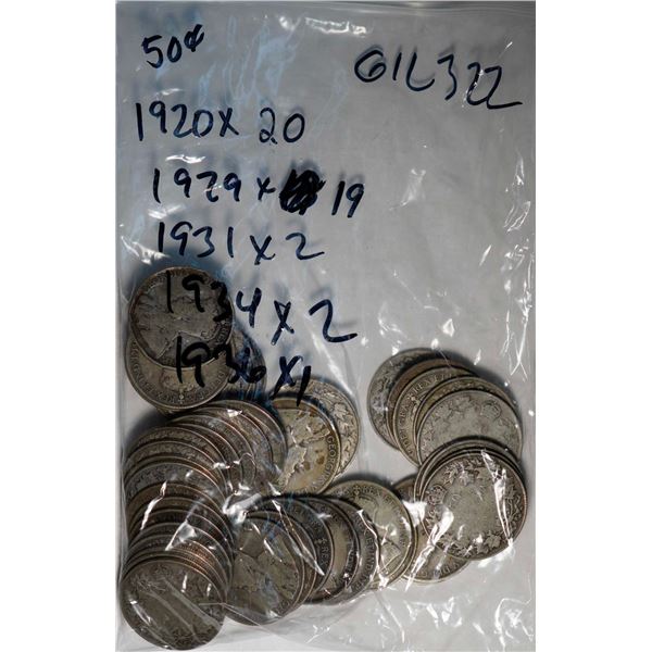 1920 50¢ X 20, 1929 X 19, 1931 X 2, 1934 X 2, and 1936, all cull to Good, lot of 44 coins.