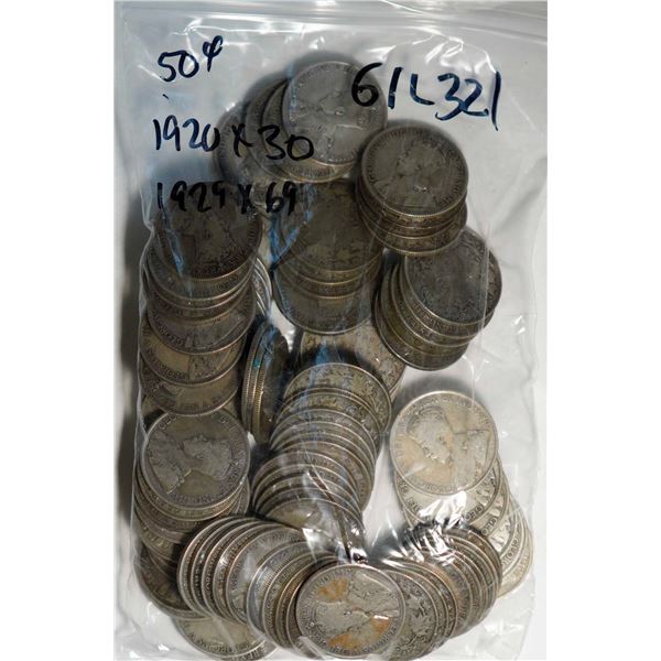 1920 50¢ X 30, and 1929 X 69, all VG or better, lot of 99 coins.