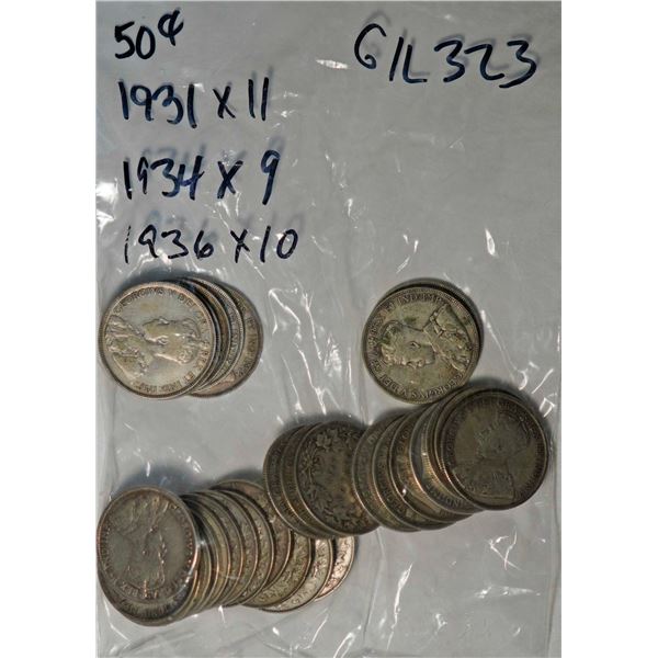 1931 50¢ X 11, 1934 X 9, and 1936 X 10 all VG to Fine, lot of 30 coins.