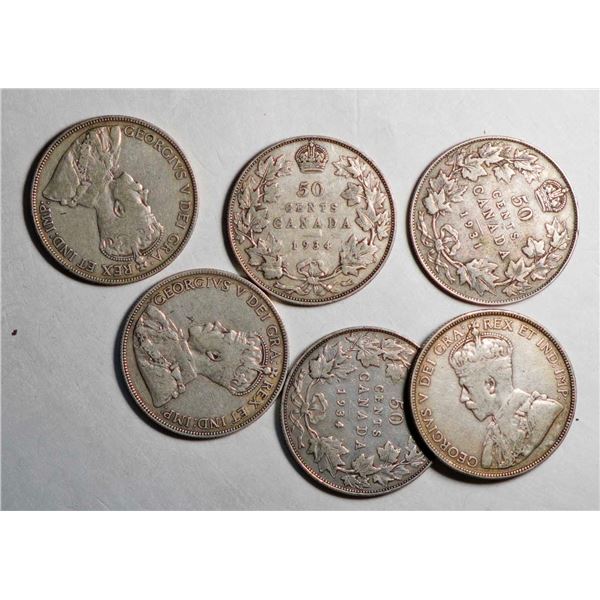 1931 50¢ X 3 and 1934 X 3, all Fine or better, lot of 6 coins.
