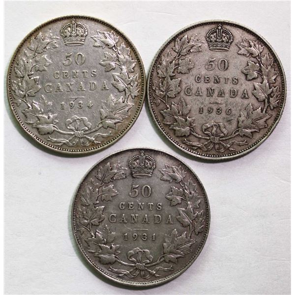 1931 50¢, 1934, and 1936 all VF or better, lot of 3 coins.