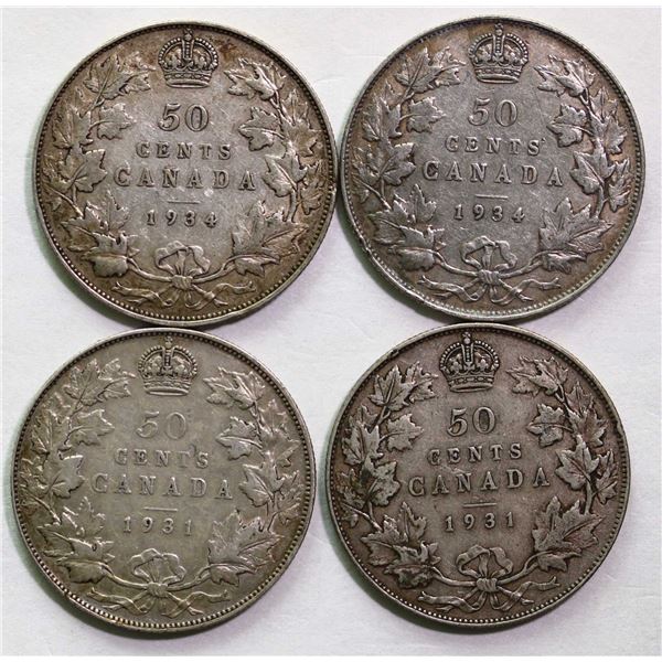 1931 50¢, and 1934, 2 of each year VF or better, lot of 4 coins.
