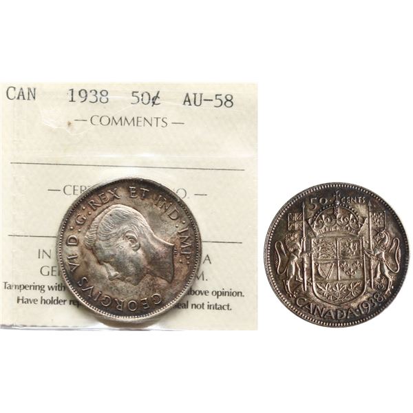 1938 50¢  ICCS Choice About Uncirculated-58, Lightly toned.