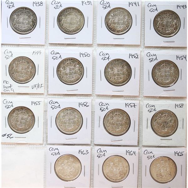 1938-1965 50¢ Lot of 15 coins Fine to Uncirculated.