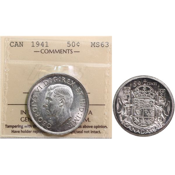 1941 50¢ ICCS Choice Mint State-63, Brilliant and lustrous