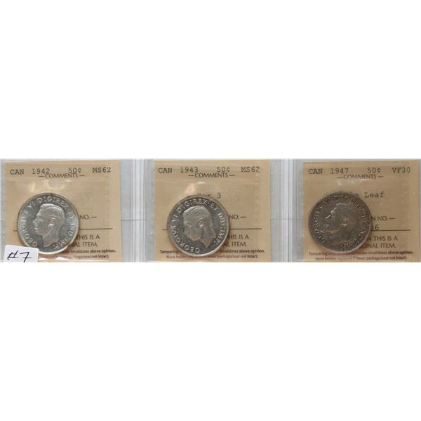 1942 50¢, 1943 "Far 3", 1947 "ML", All 3 coins ICCS Choice Very Fine-30 to Choice Mint State-62.