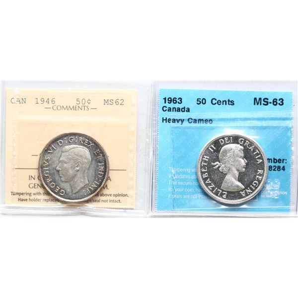1946 50¢ ICCS Choice Mint State-62 & 1963 CCCS Choice Mint State-63 Heavy Cameo.  Lot of 2 coins.