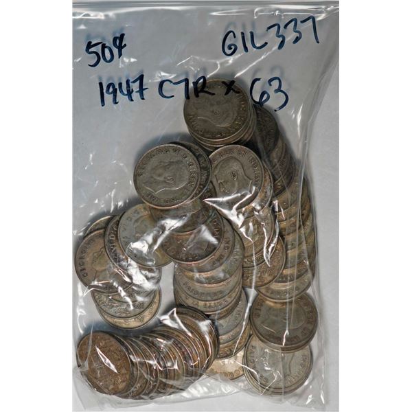 1947 50¢ C7R, all Fine to EF, lot of 63 coins.