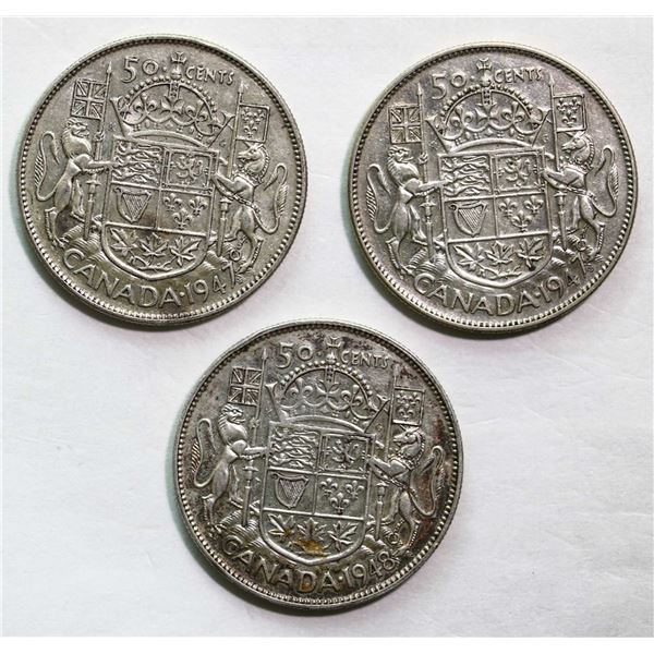 1947 50¢ ML Lft X 2, and 1948, all EF or better, lot of 3 coins.