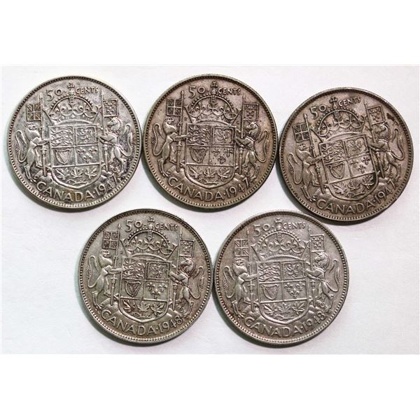 1947 50¢ ML Lft X 3, and 1948 X 2 all VF or better, lot of 5 coins.
