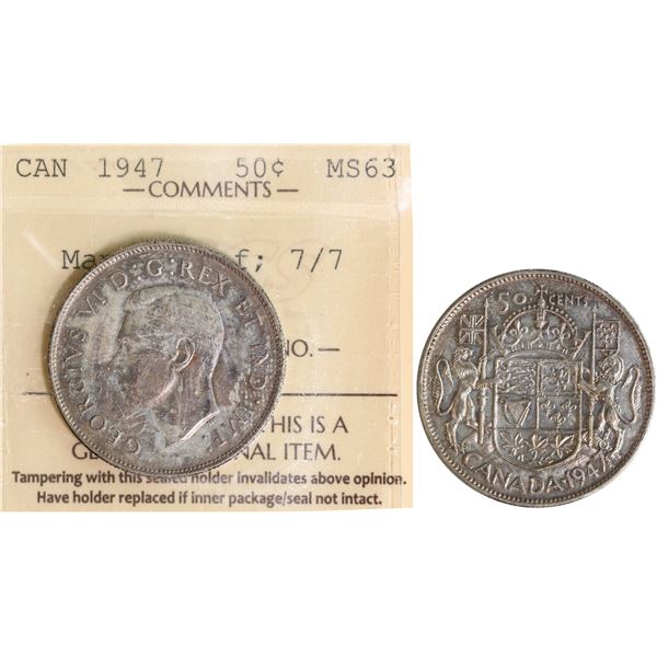 1947 50¢ "ML - 7/7" ICCS Choice Mint State-63 Lightly toned.