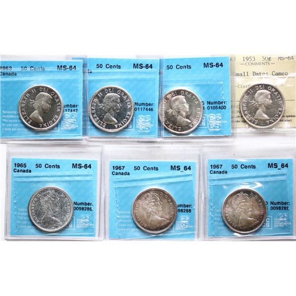 1953 50¢ "SD" Cameo, 1962, 1963 (2), 1965, 1967 (2), All 7 coins ICCS/CCCS Very Choice Mint State-64