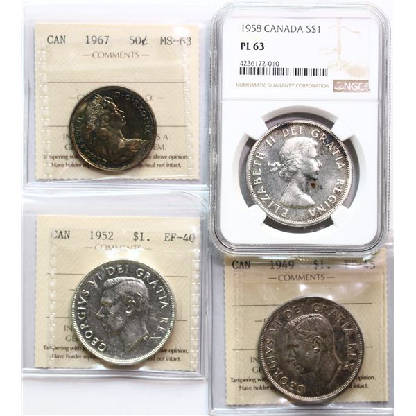 1967 50¢ ICCS Choice Mint State-63, 1949 $1 Choice Extra Fine-45, 1952 "WL" Extra Fine-40, 1958 $1 N