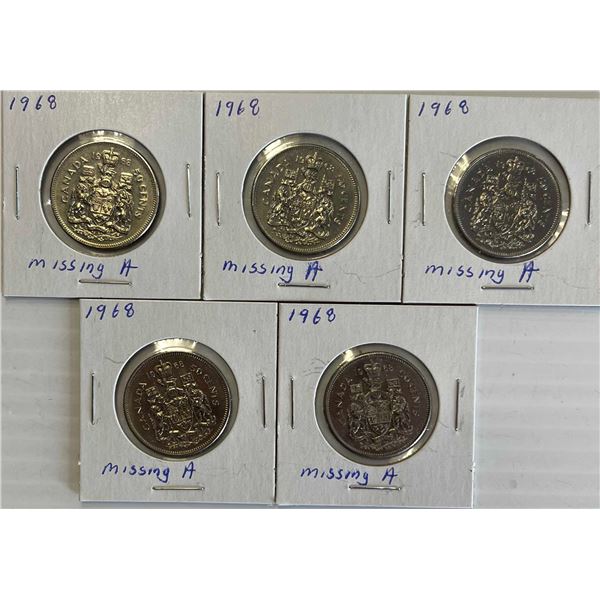 1968 50¢ "Missing A" variety Uncirculated or better. A popular and sought after variety.  Lot of 5 p